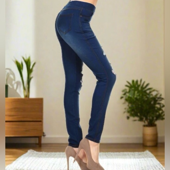 Small NEW Womens JVINI Designer Distressed Ripped Jean Jeggings, Dark Wash - Picture 4 of 11